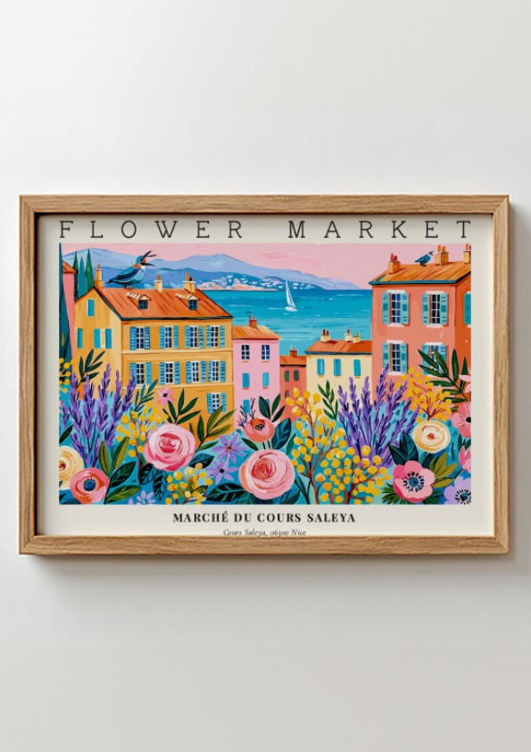 Flower market poster featuring vibrant colors and a lively landscape scene