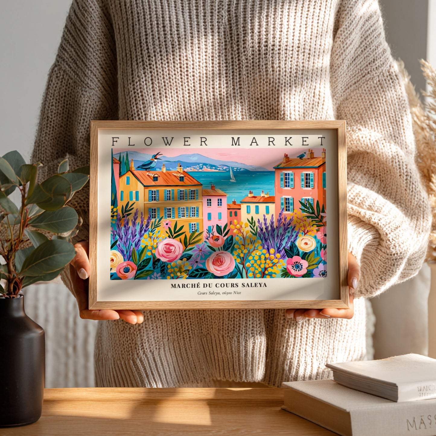 Flower market poster featuring vibrant colors and a lively landscape scene