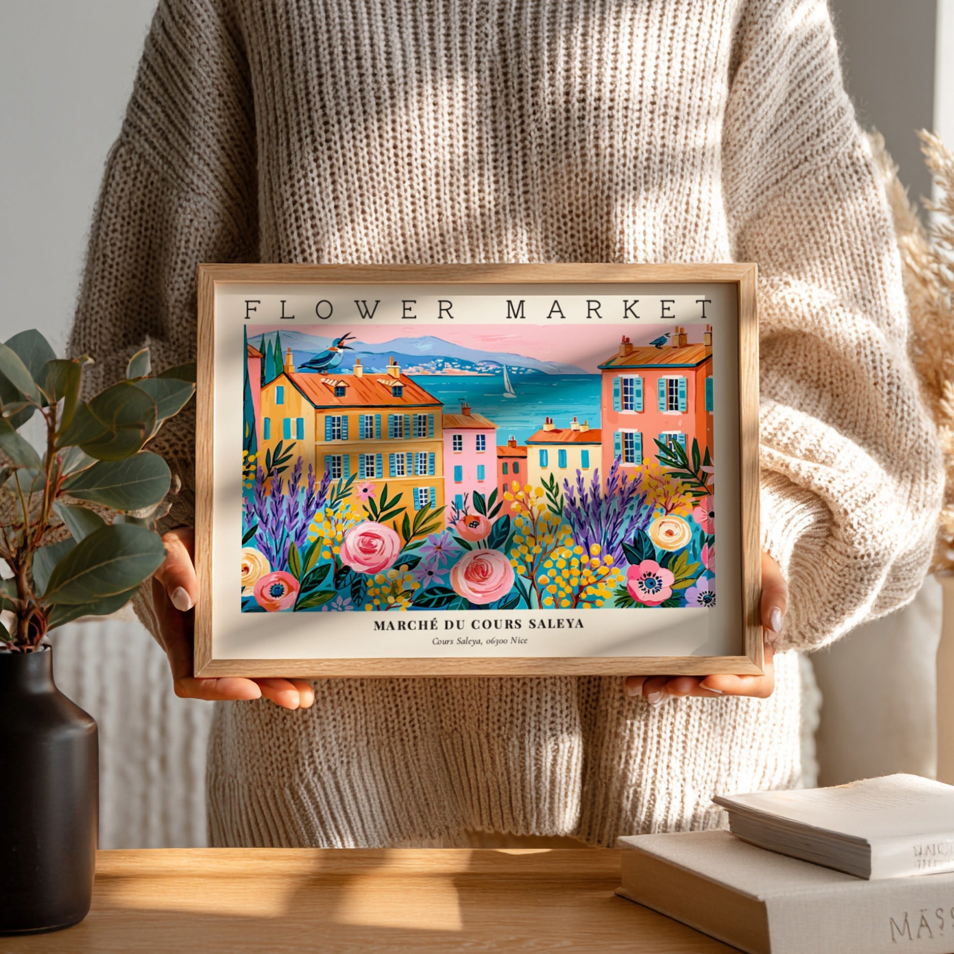 Flower market poster featuring vibrant colors and a lively landscape scene