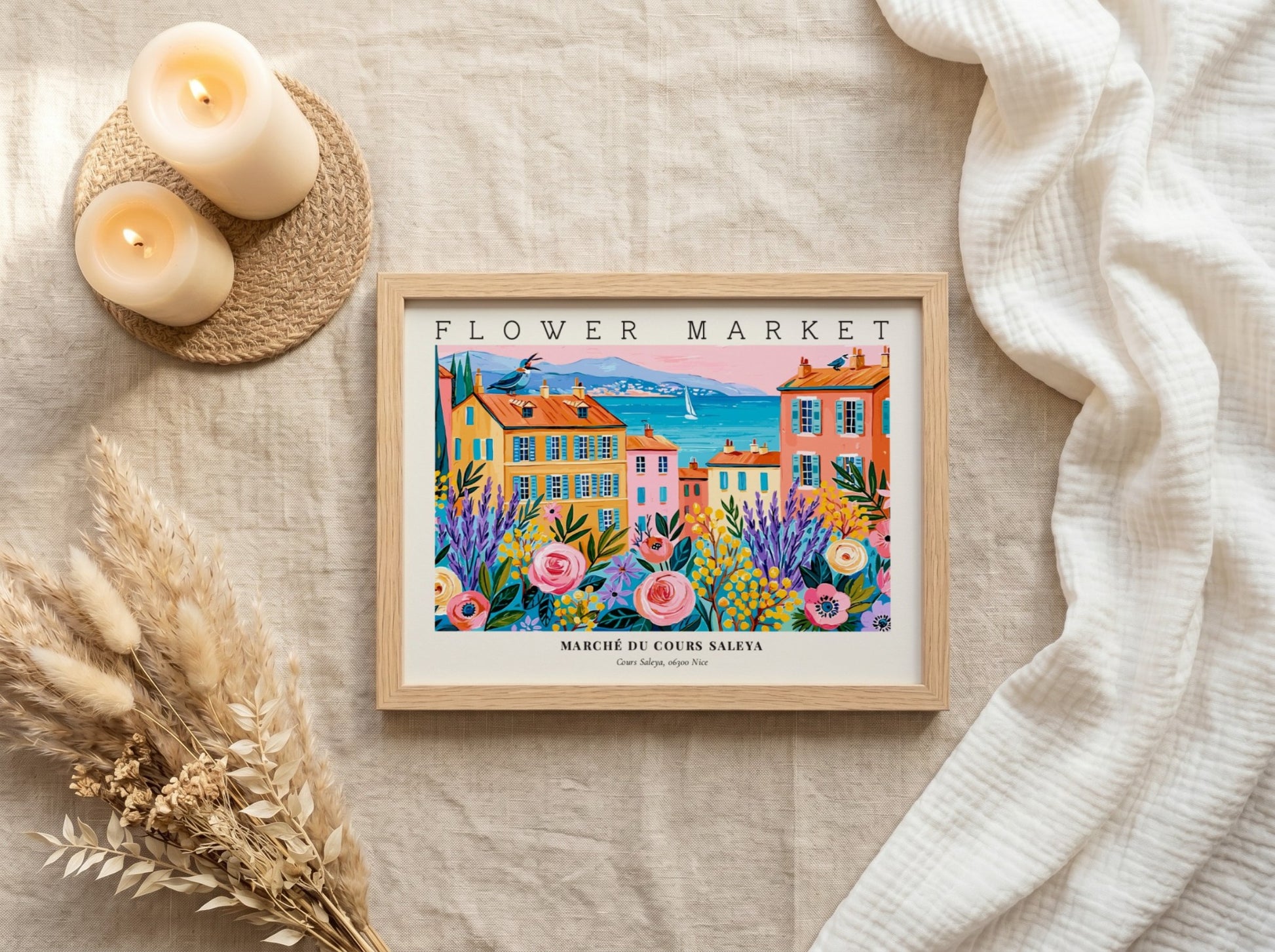 Flower market poster featuring vibrant colors and Cours Saleya scenery