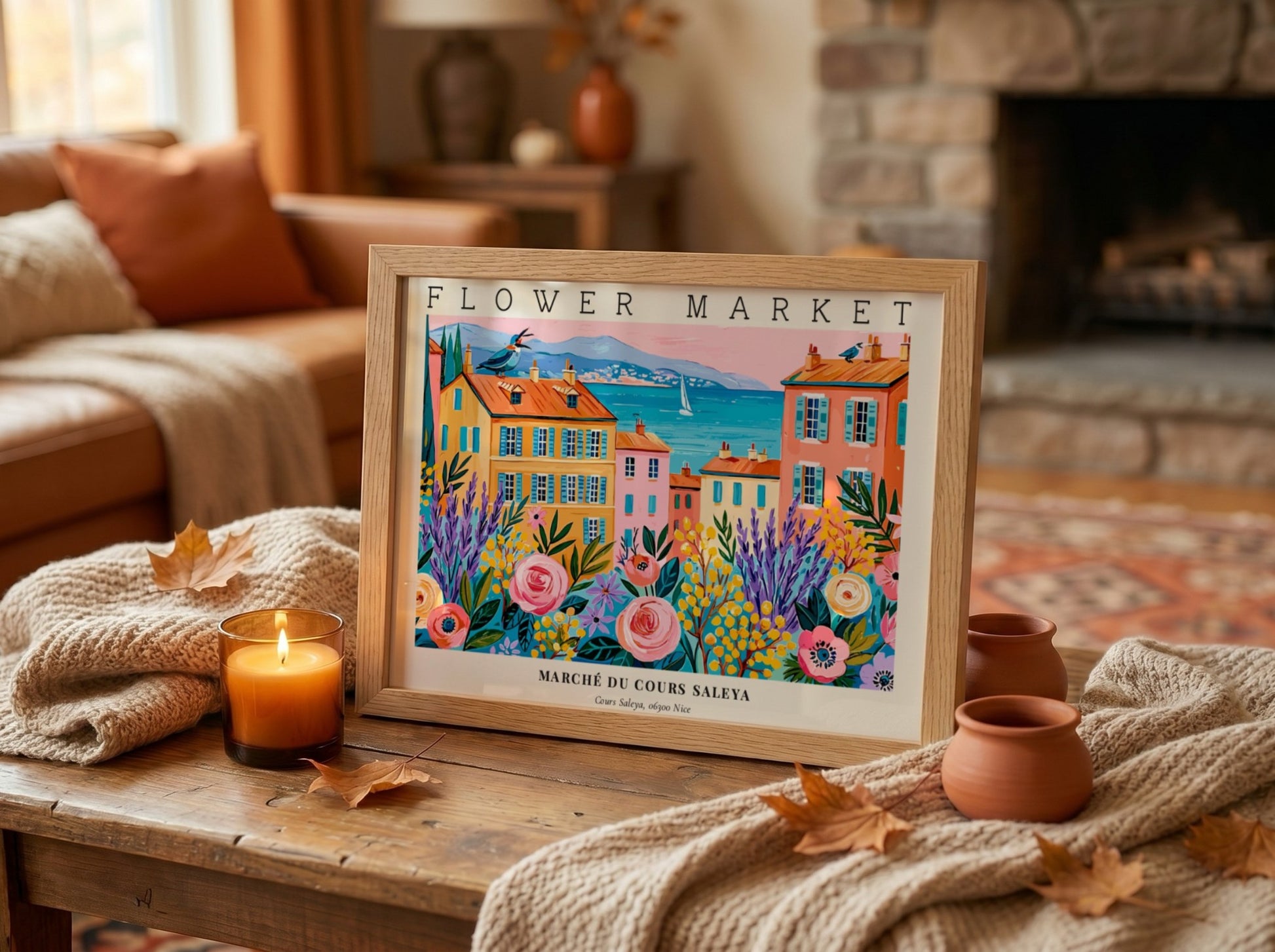 Flower market poster featuring vibrant colors and a lively landscape scene