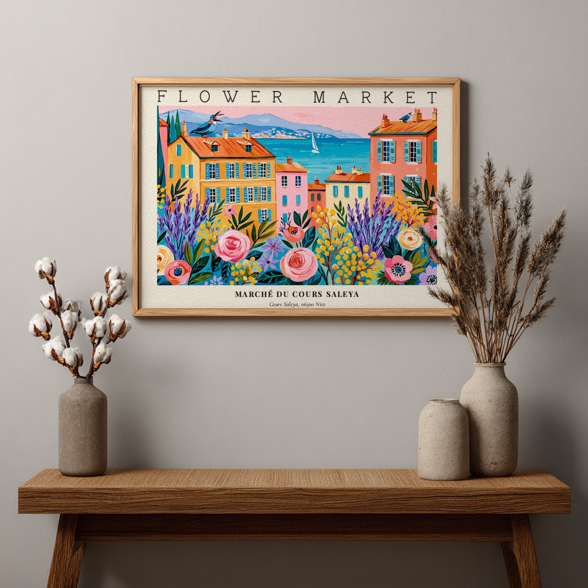 Flower market poster featuring vibrant colors and a lively landscape scene