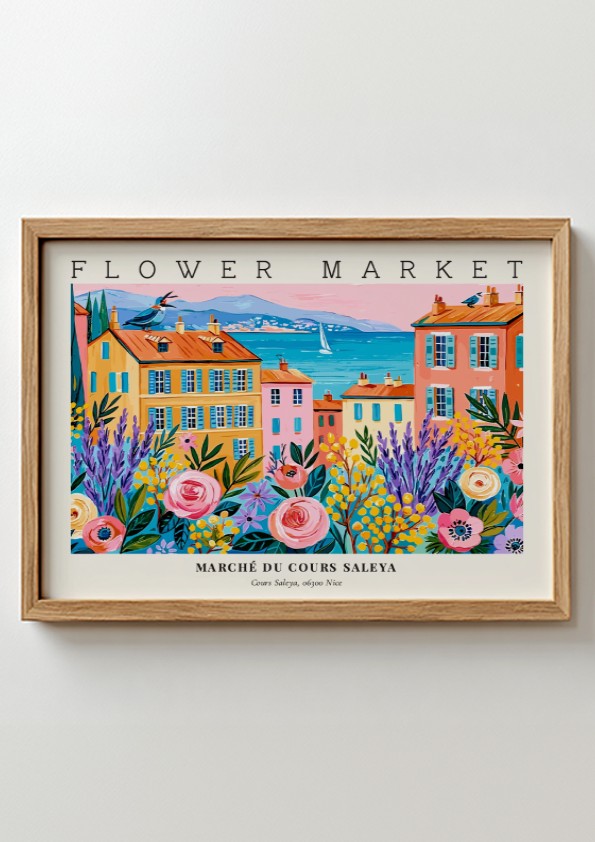 Flower market poster featuring vibrant colors and Cours Saleya scenery