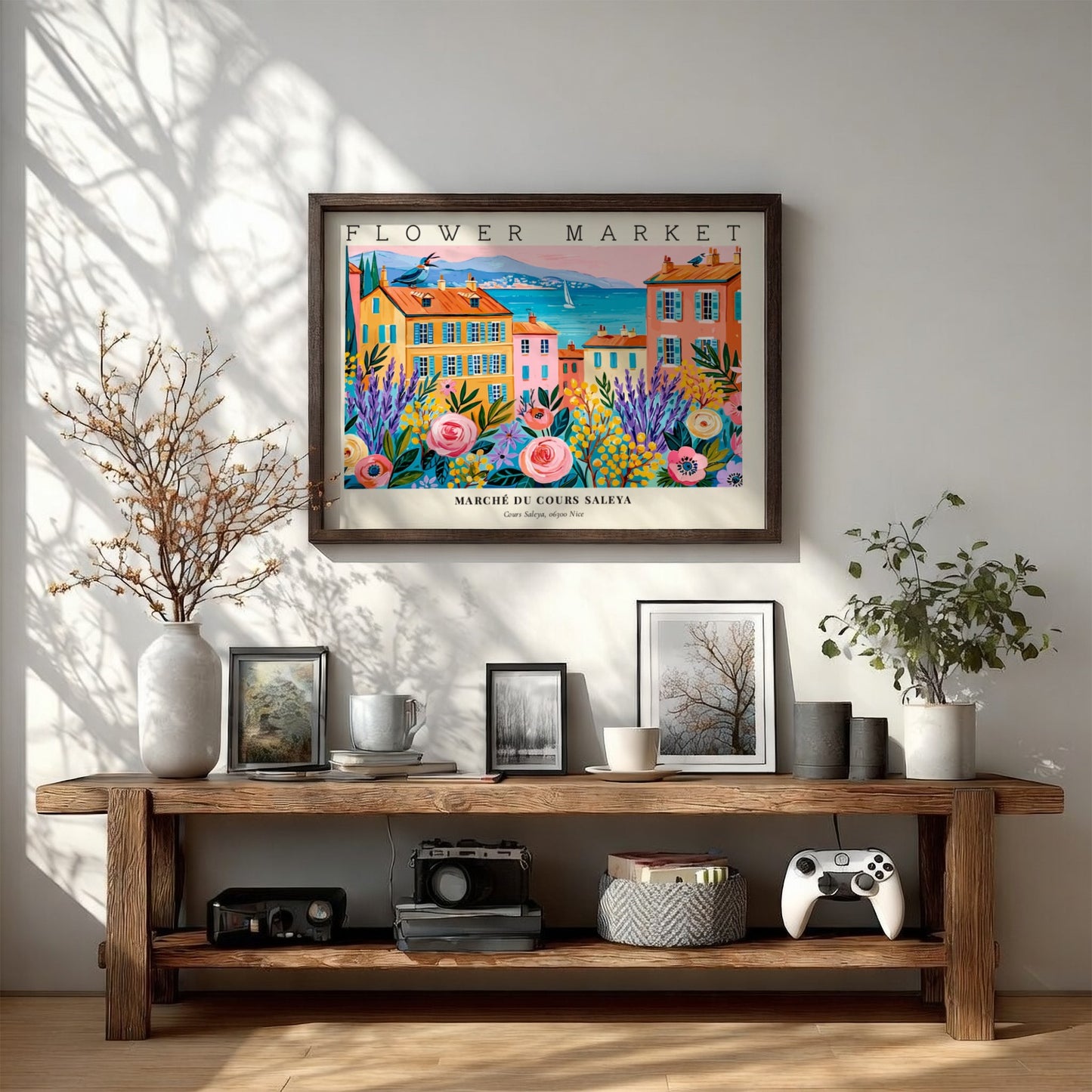 Flower market poster featuring vibrant colors and a lively landscape scene