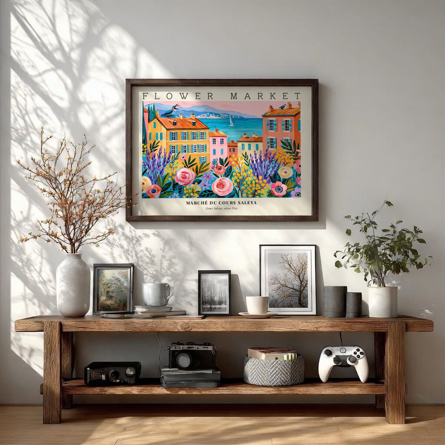 Flower market poster featuring vibrant colors and Cours Saleya scenery