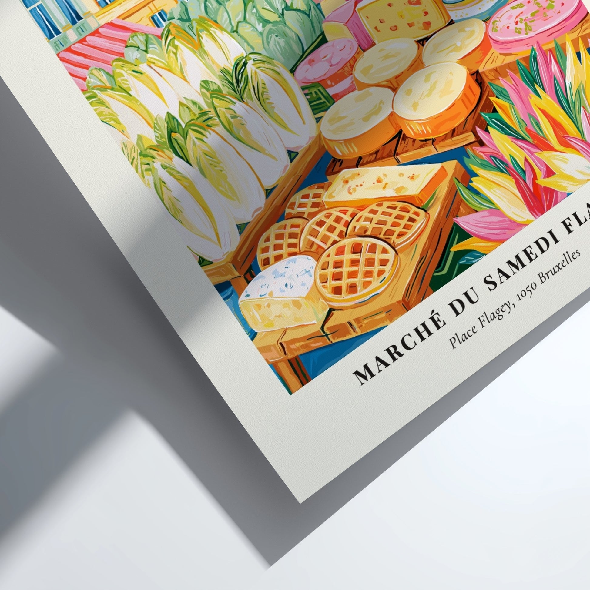 Farmers market poster featuring colorful produce and architecture in Bruxelles