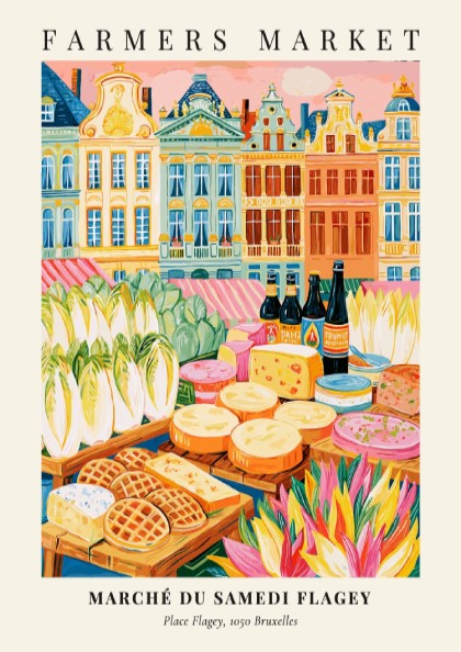 Farmers market poster featuring colorful produce and architecture in Bruxelles