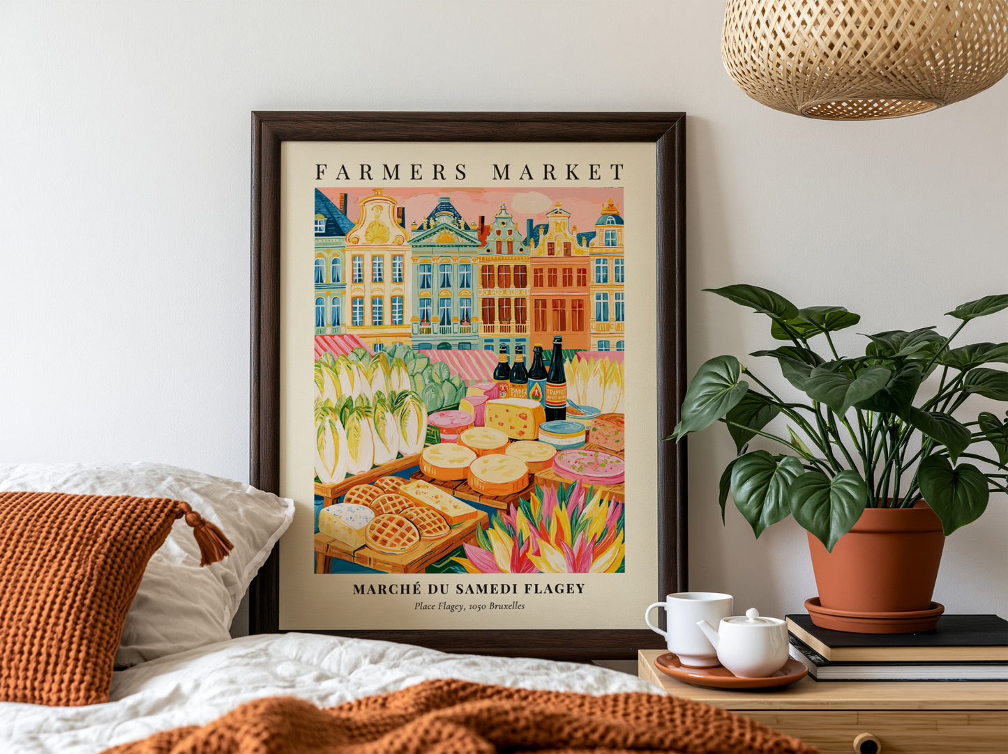 Farmers market poster featuring colorful produce and architecture in Bruxelles