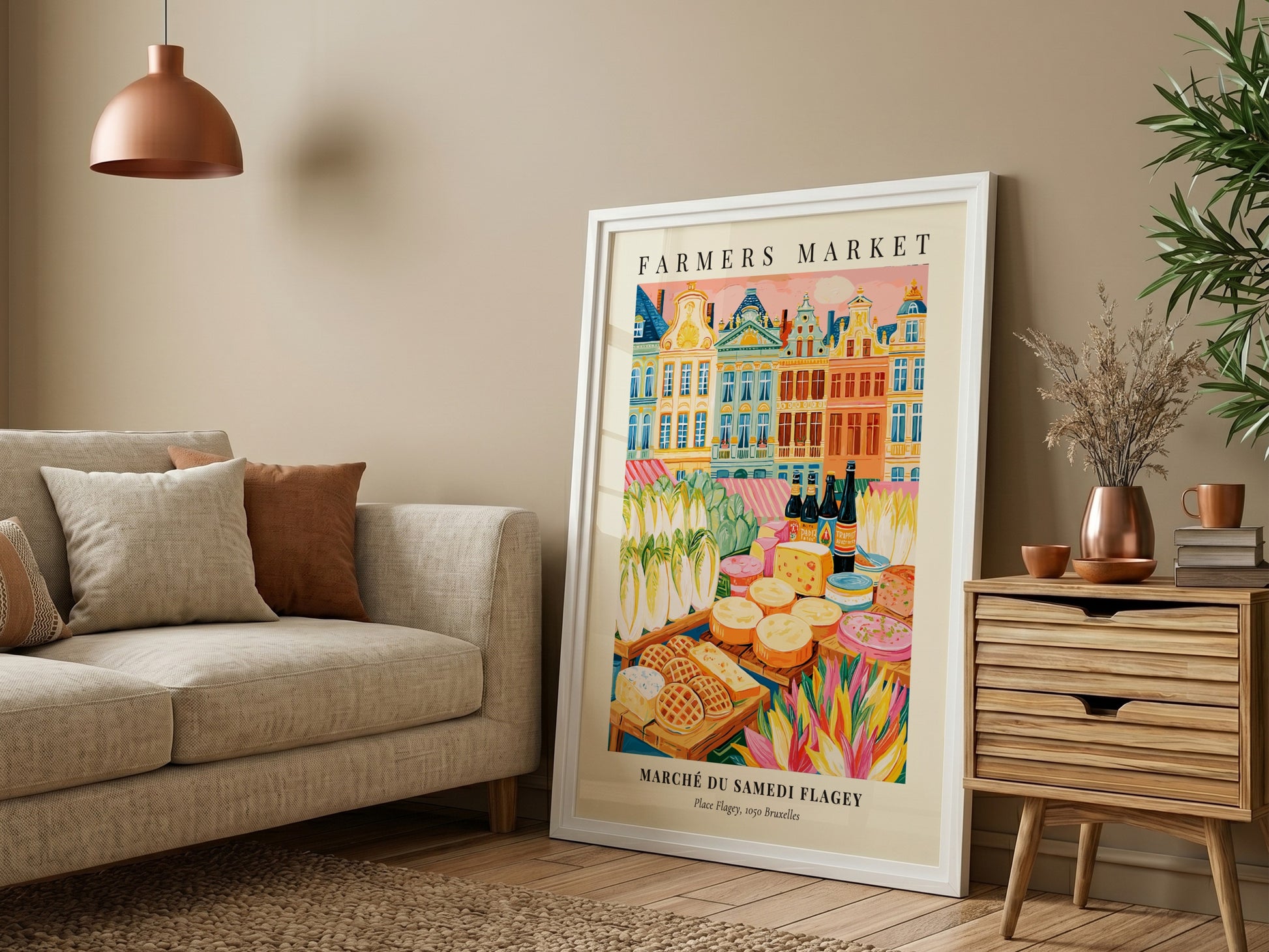 Farmers market poster featuring colorful produce and architecture in Bruxelles