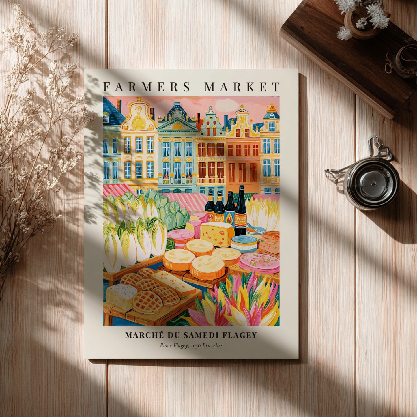 Farmers market poster featuring colorful produce and architecture in Bruxelles