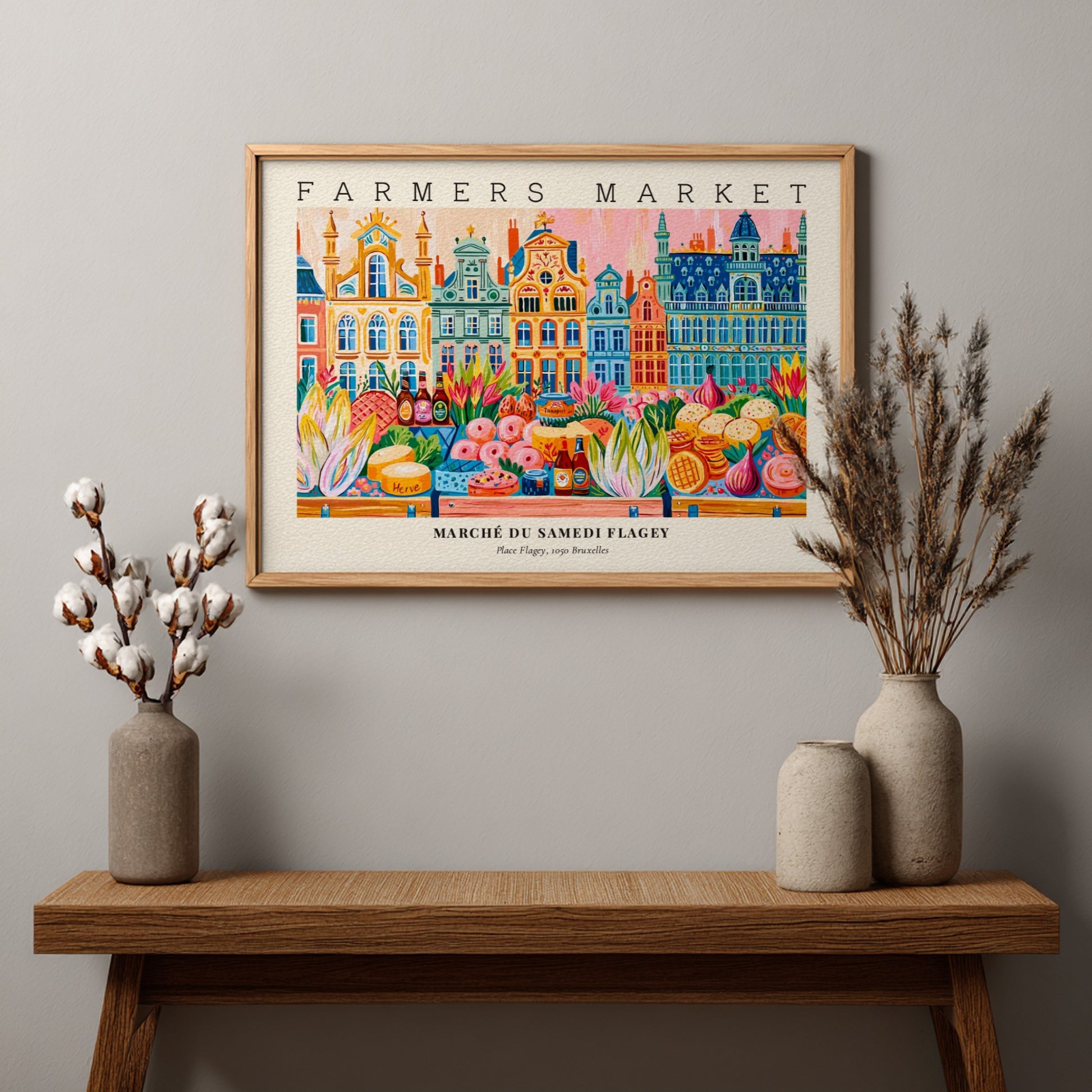 Farmers market poster showcasing colorful stalls and fresh produce in Flagey