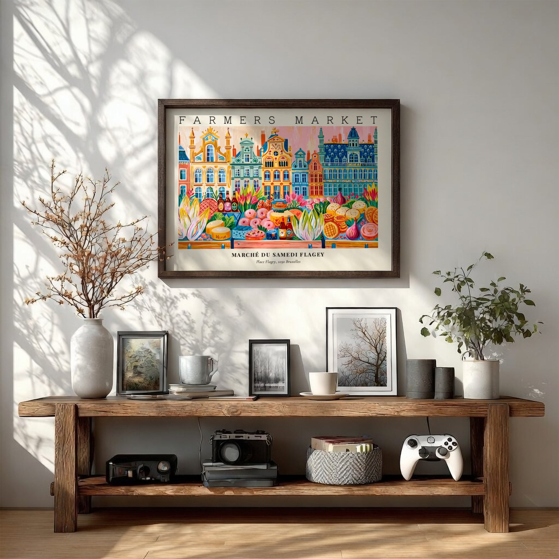 Farmers market poster showcasing colorful stalls and fresh produce in Flagey