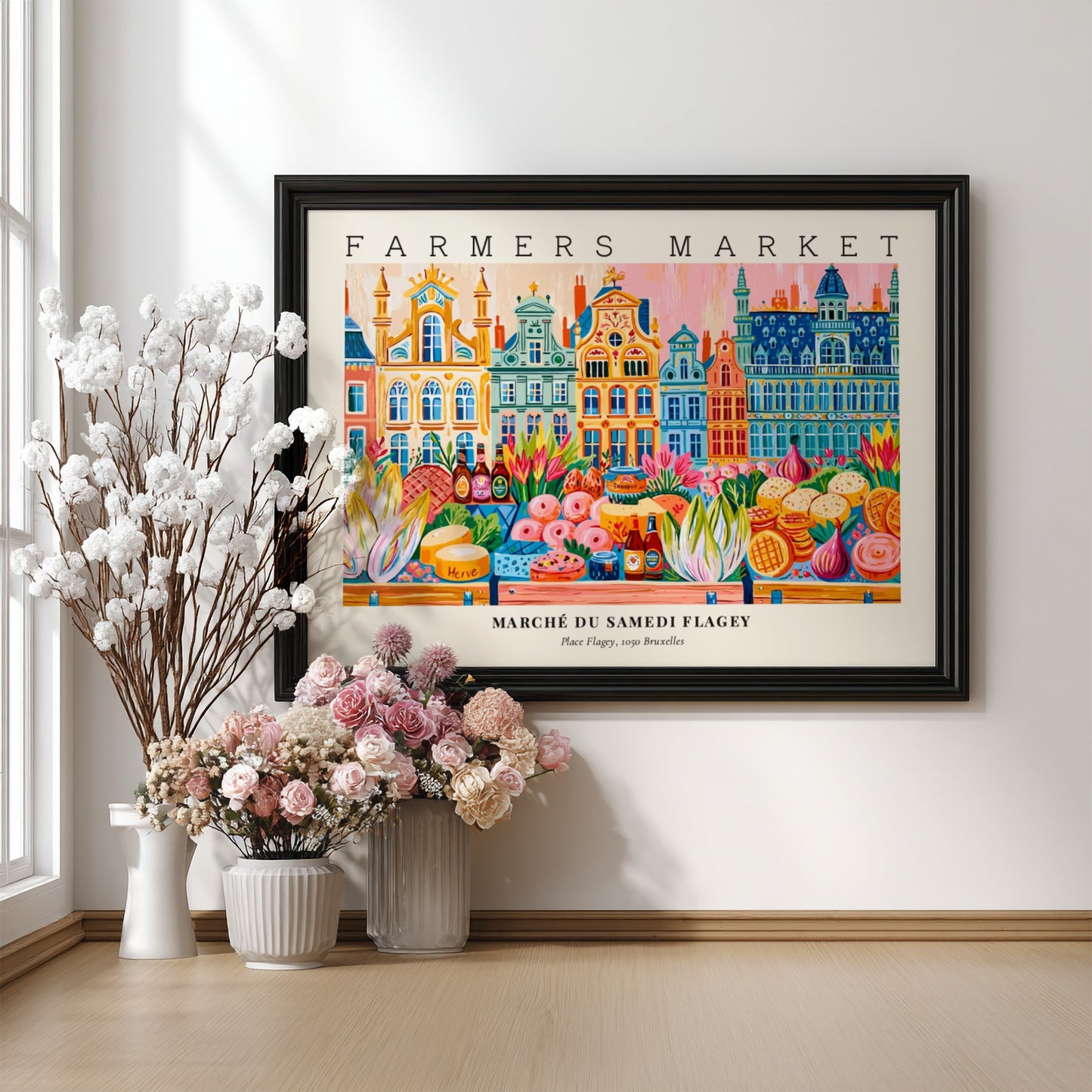 Farmers market poster showcasing colorful stalls and fresh produce in Flagey