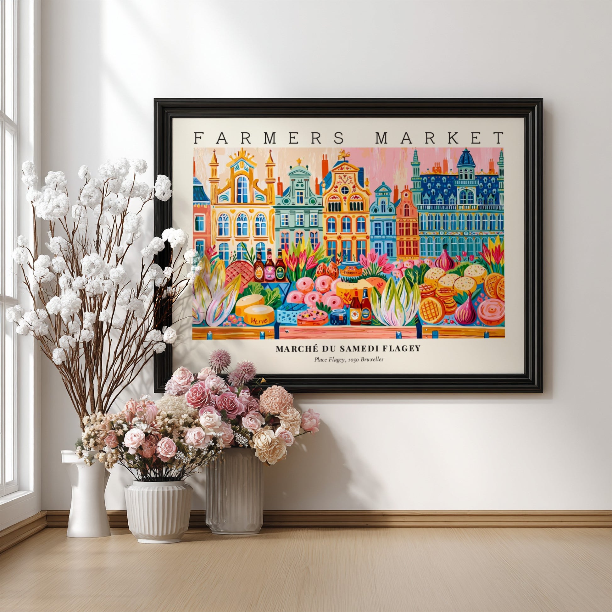 Farmers market poster showcasing colorful stalls and fresh produce in Flagey