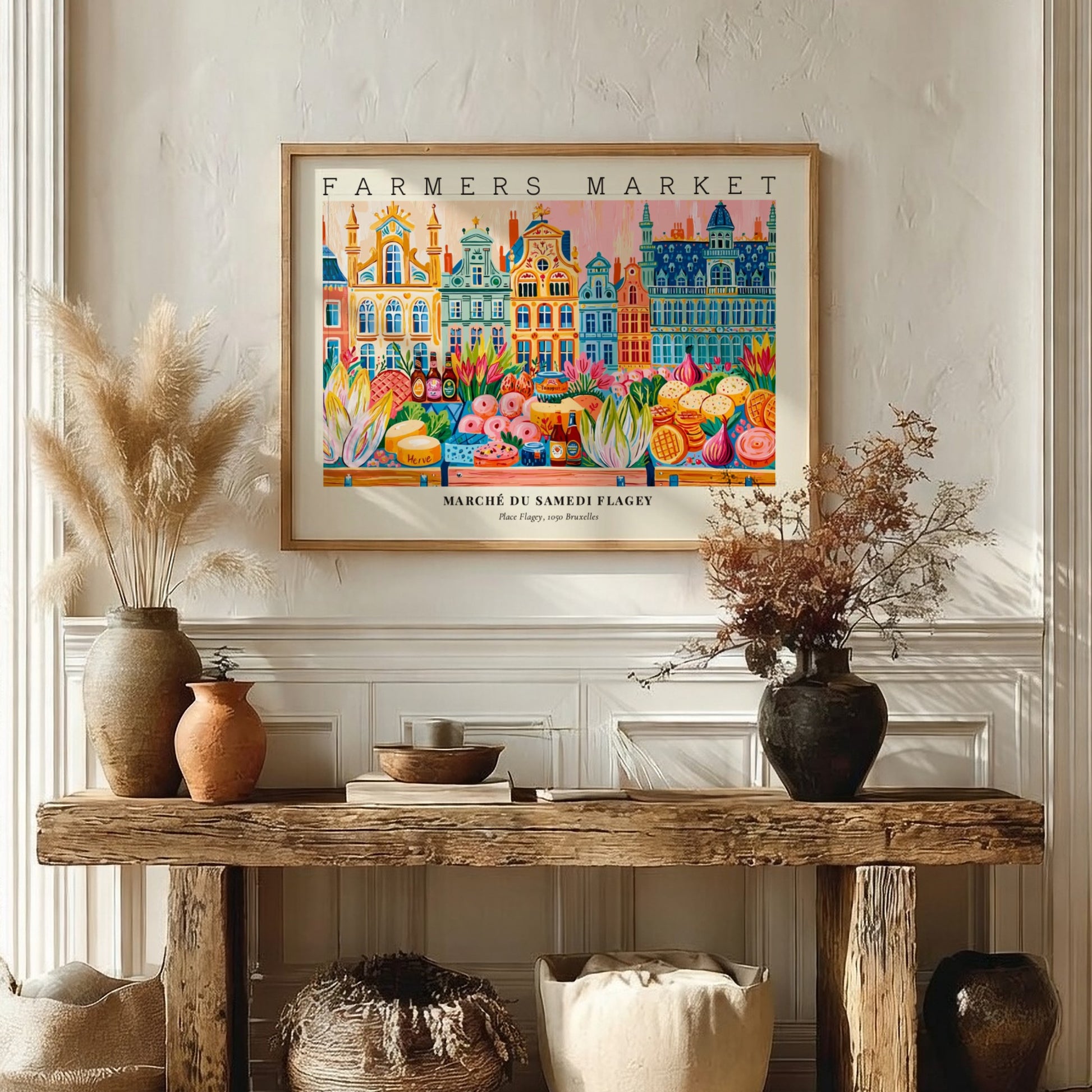 Farmers market poster showcasing colorful stalls and fresh produce in Flagey