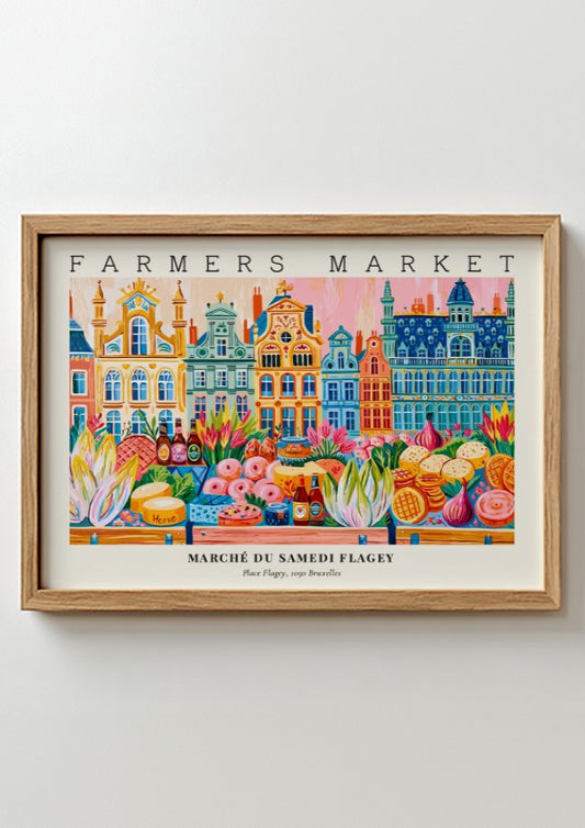 Farmers market poster showcasing colorful stalls and fresh produce in Flagey