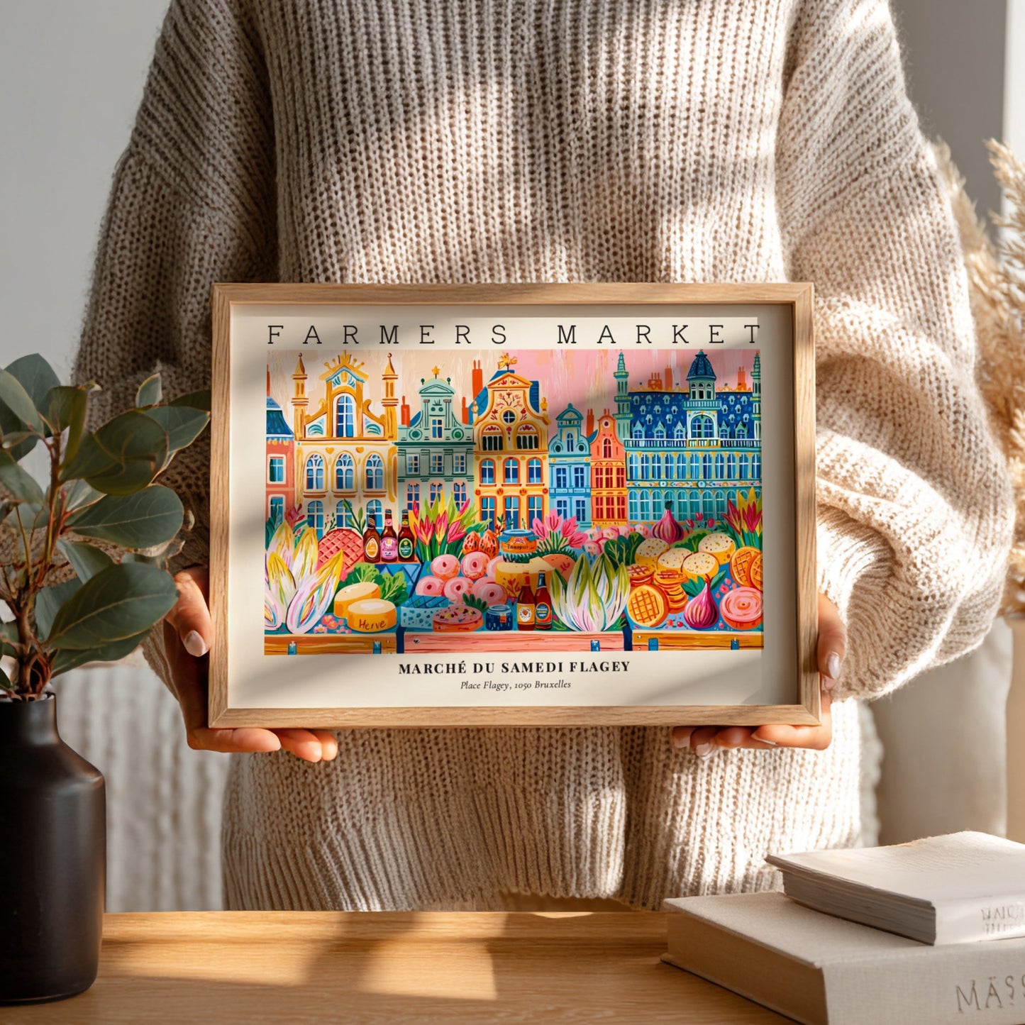 Farmers market poster showcasing colorful stalls and fresh produce in Flagey