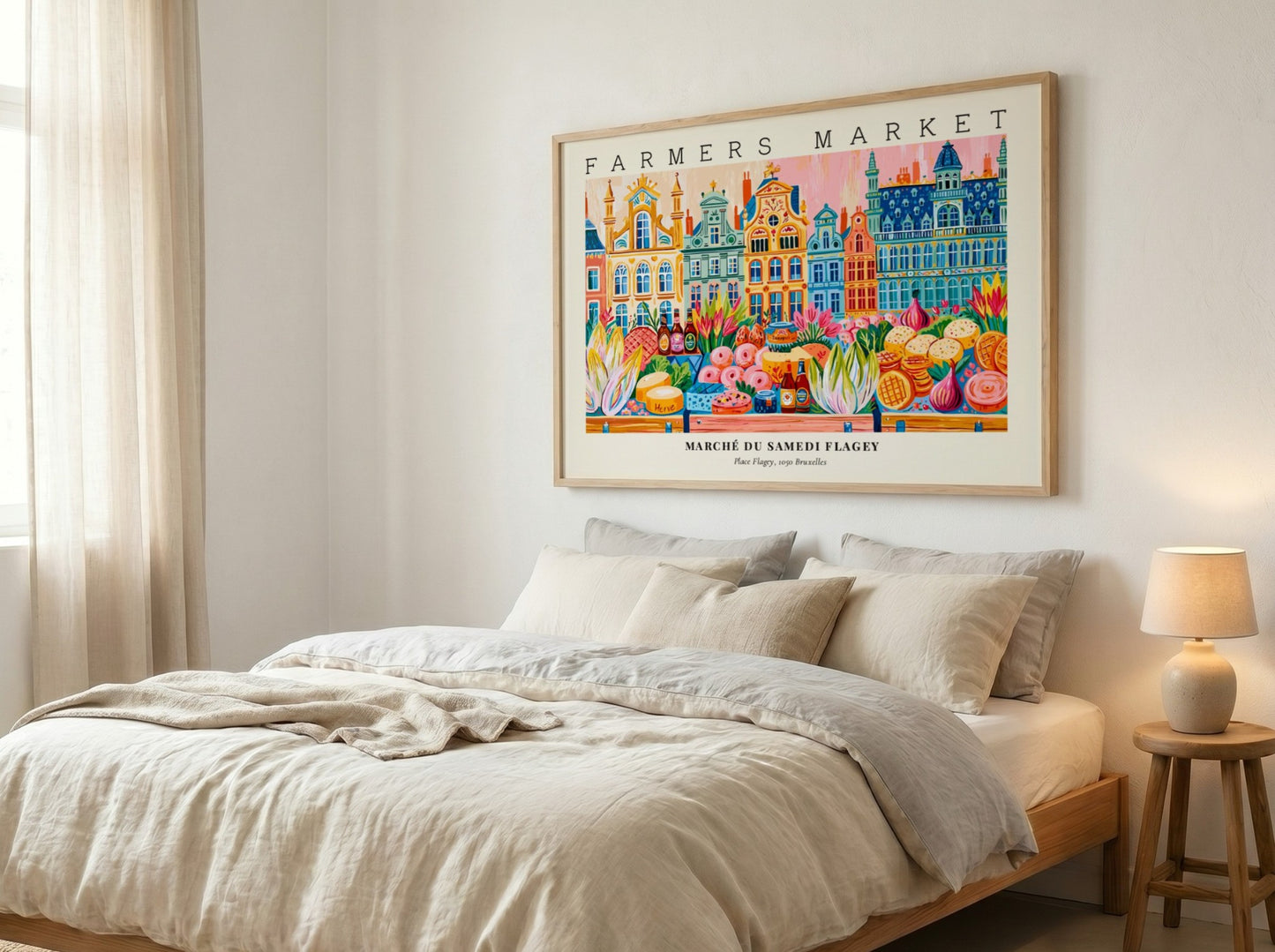Farmers market poster showcasing colorful stalls and fresh produce in Flagey