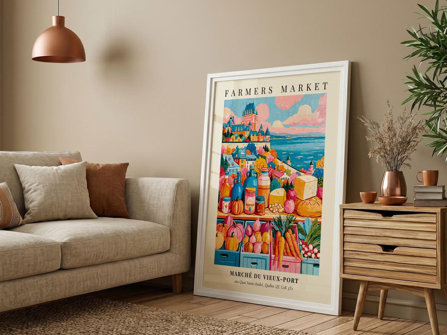 Farmers market poster featuring colorful produce and Quebec architecture in warm tones