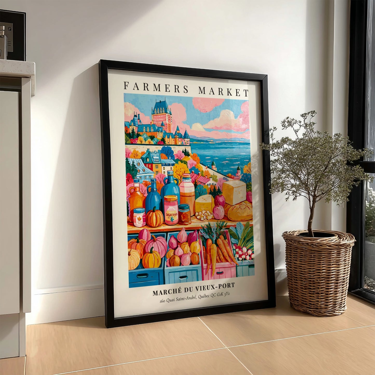 Farmers market poster featuring colorful produce and Quebec architecture in warm tones