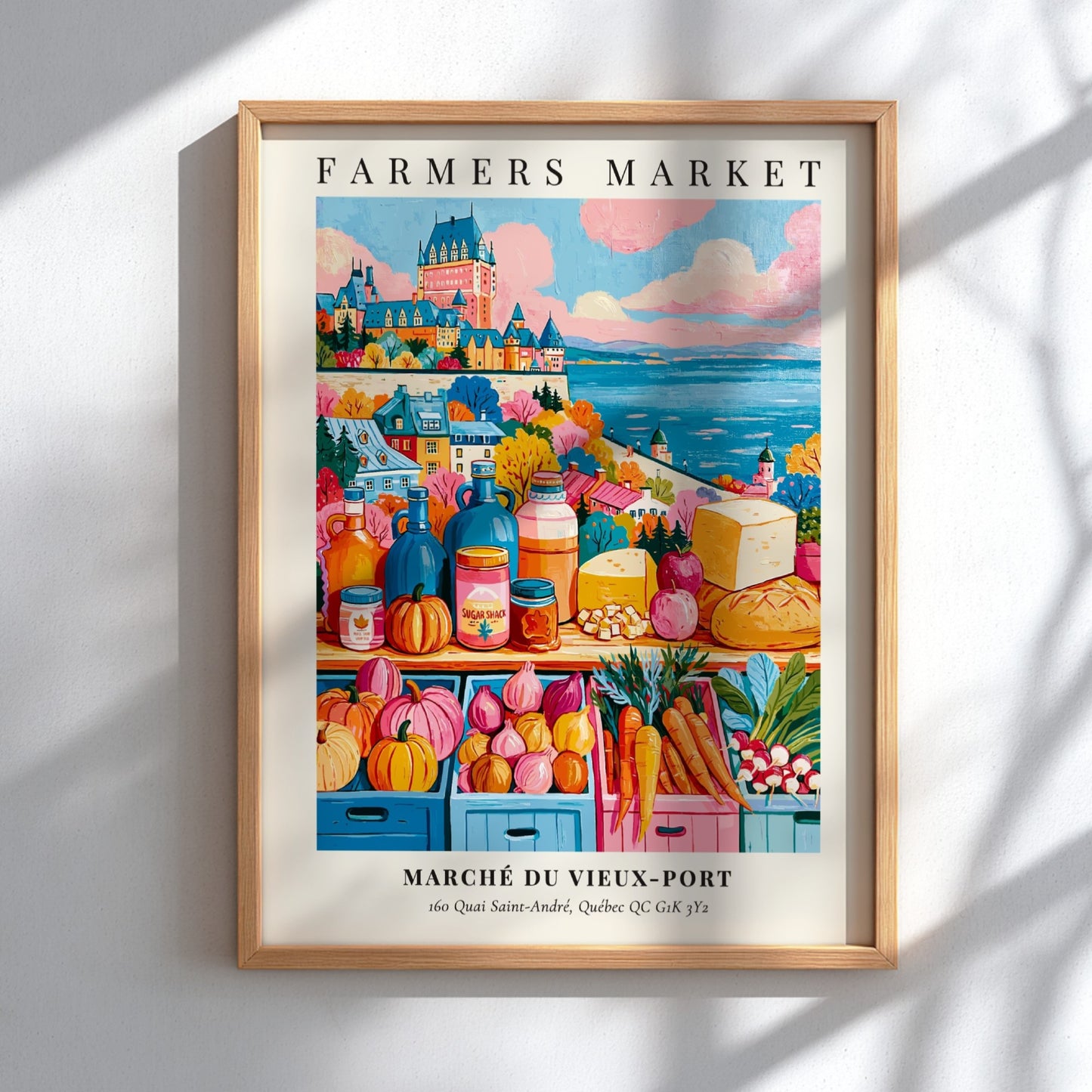 Farmers market poster featuring colorful produce and Quebec architecture in warm tones