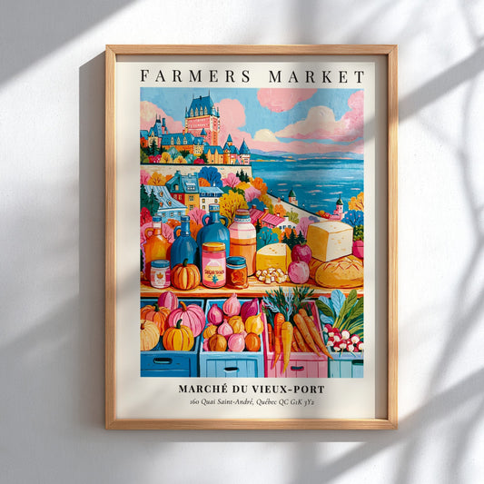 Farmers market poster featuring colorful produce and Quebec architecture in warm tones