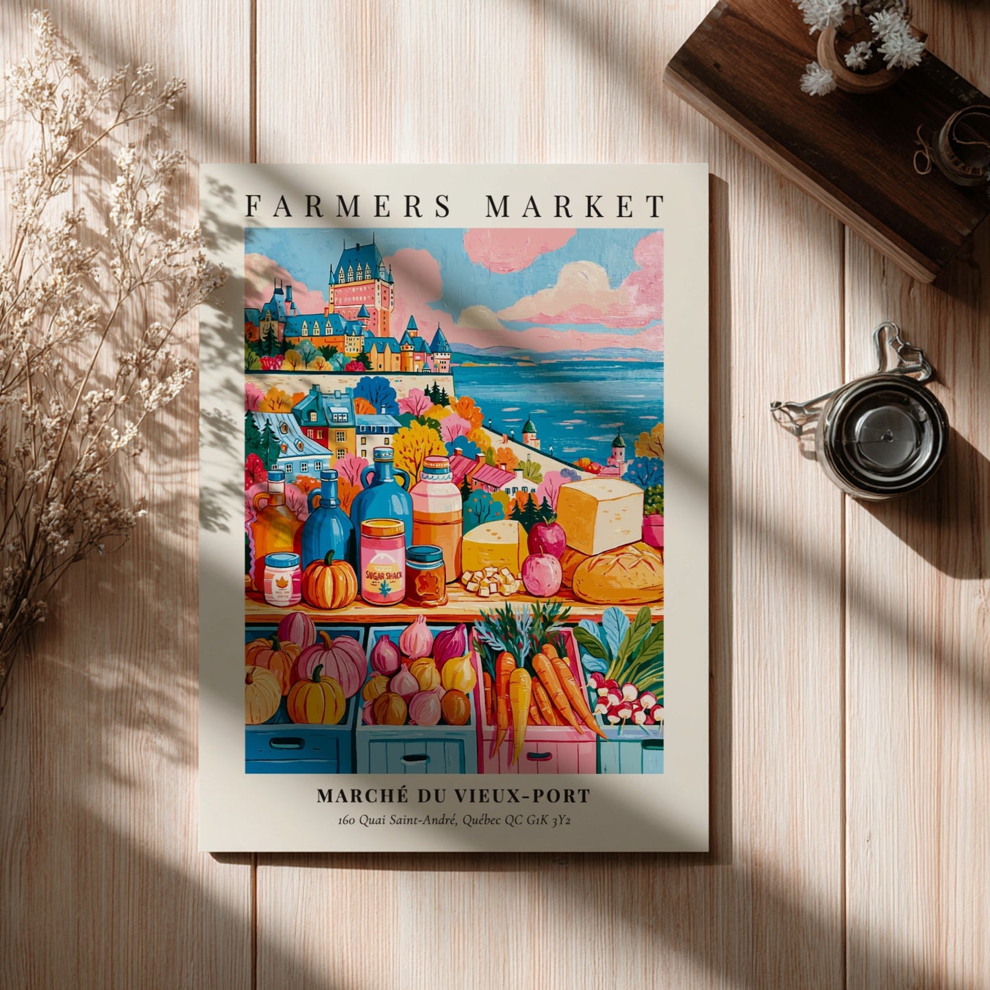 Farmers market poster featuring colorful produce and Quebec architecture in warm tones