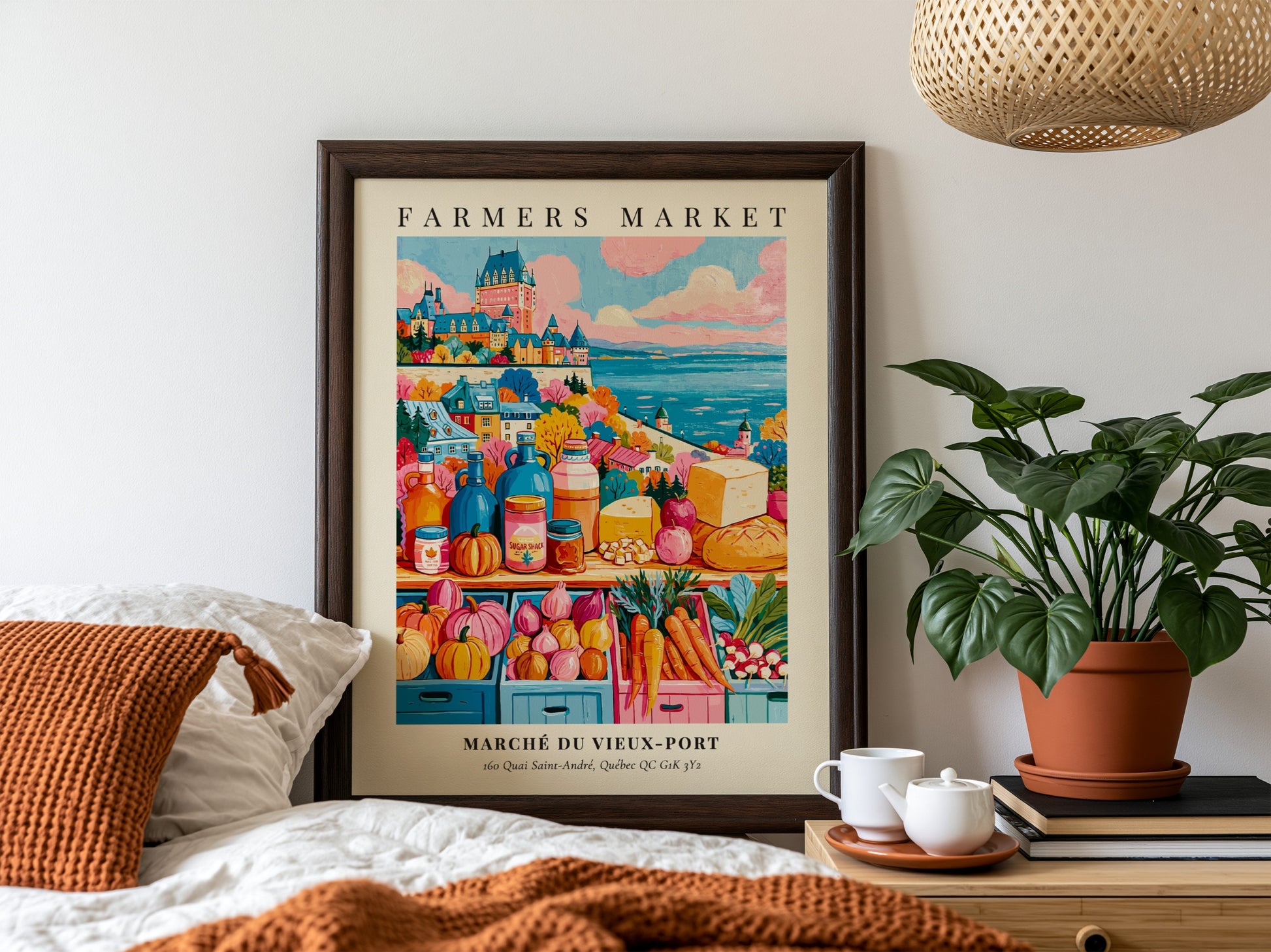 Farmers market poster featuring colorful produce and Quebec architecture in warm tones