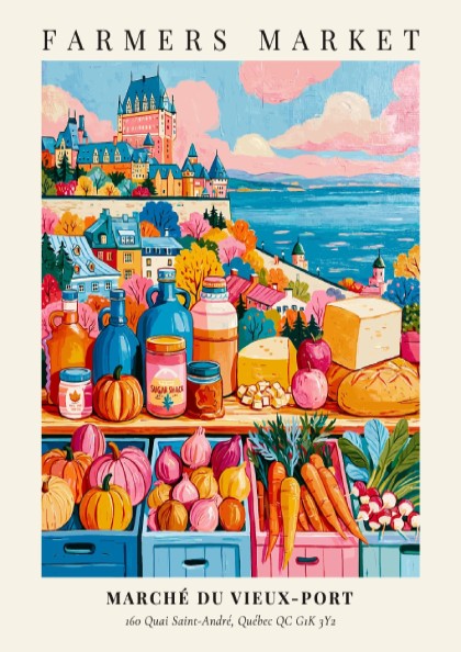 Farmers market poster featuring colorful produce and Quebec architecture in warm tones