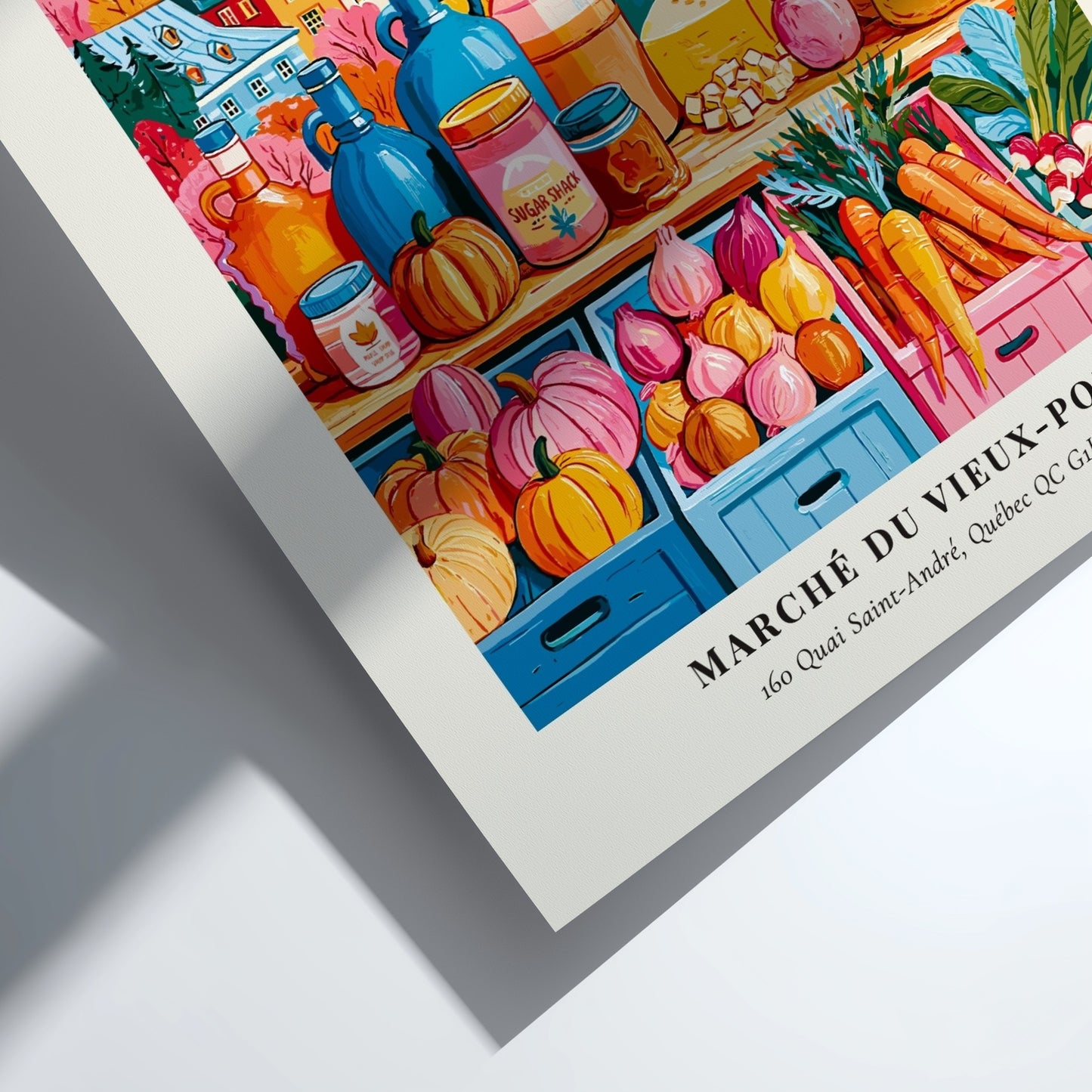 Farmers market poster featuring colorful produce and Quebec architecture in warm tones