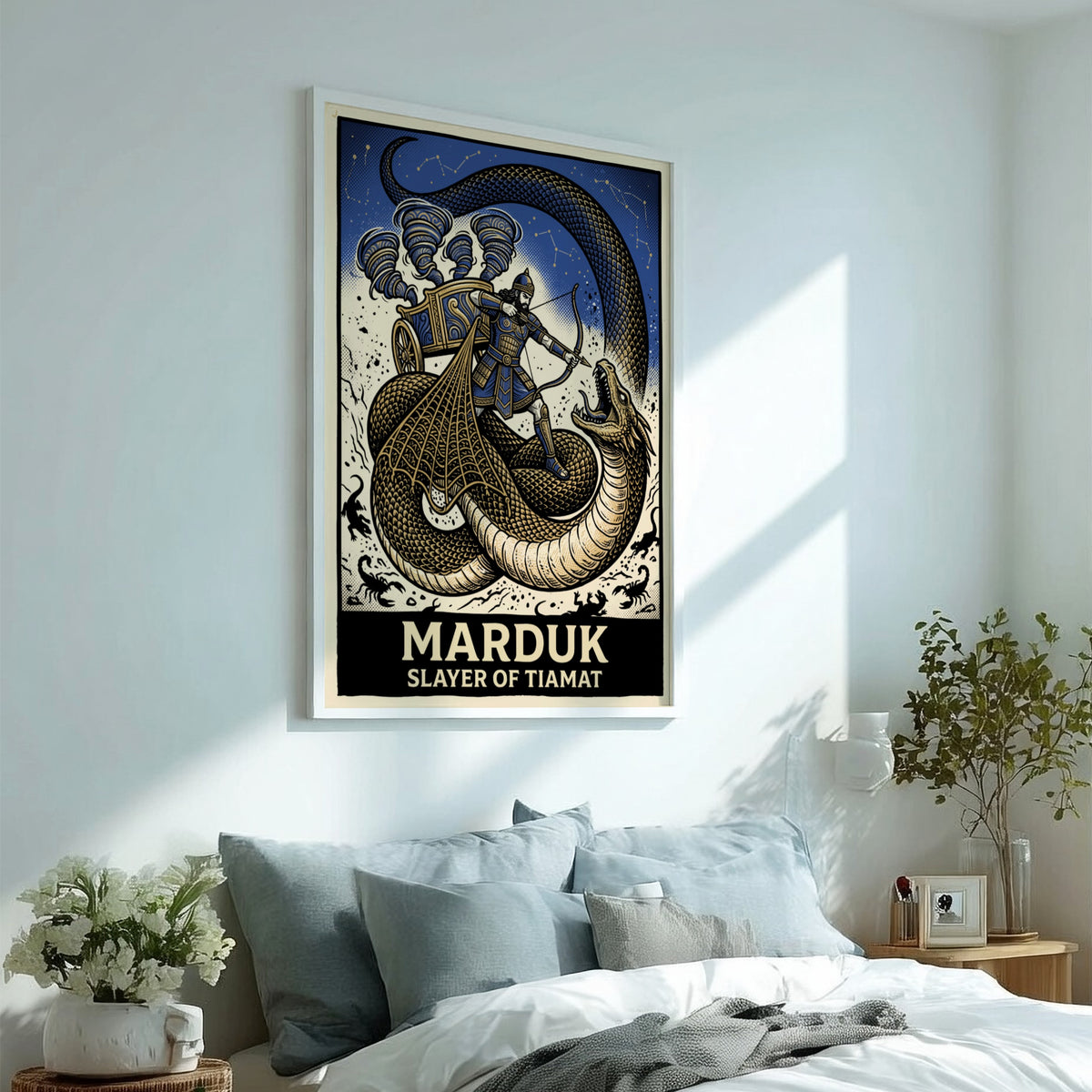 Poster featuring Marduk in a chariot fighting the dragon Tiamat in blue gold