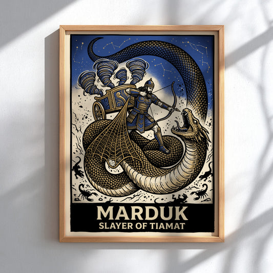 Poster featuring Marduk in a chariot fighting the dragon Tiamat in blue gold