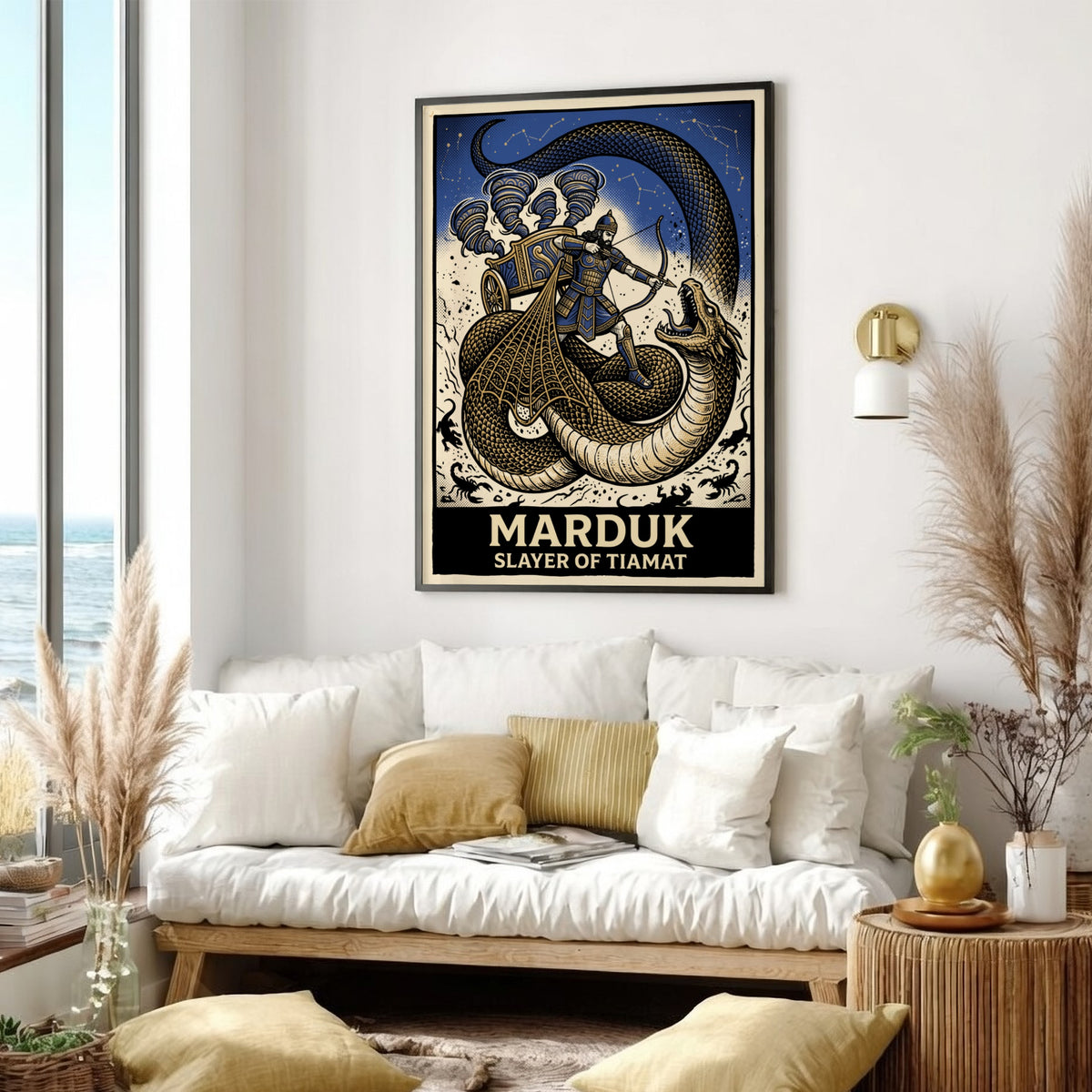 Poster featuring Marduk in a chariot fighting the dragon Tiamat in blue gold