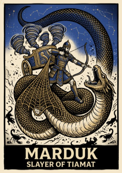 Poster featuring Marduk in a chariot fighting the dragon Tiamat in blue gold
