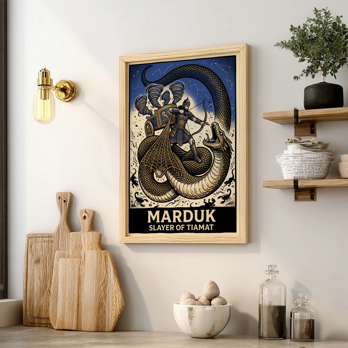 Poster featuring Marduk in a chariot fighting the dragon Tiamat in blue gold
