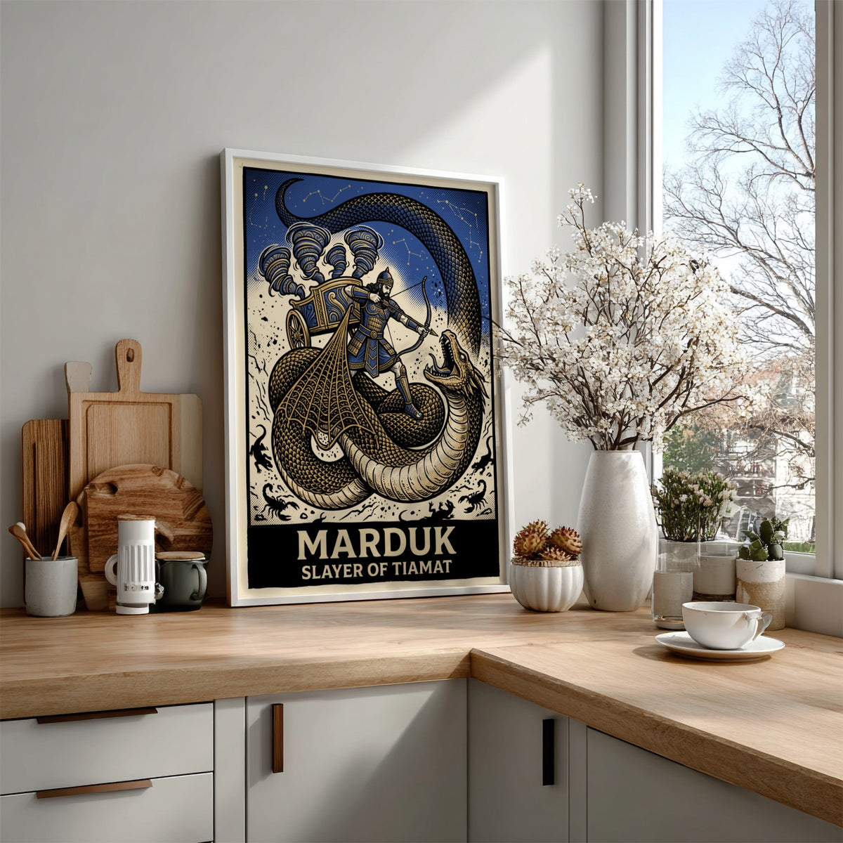 Poster featuring Marduk in a chariot fighting the dragon Tiamat in blue gold