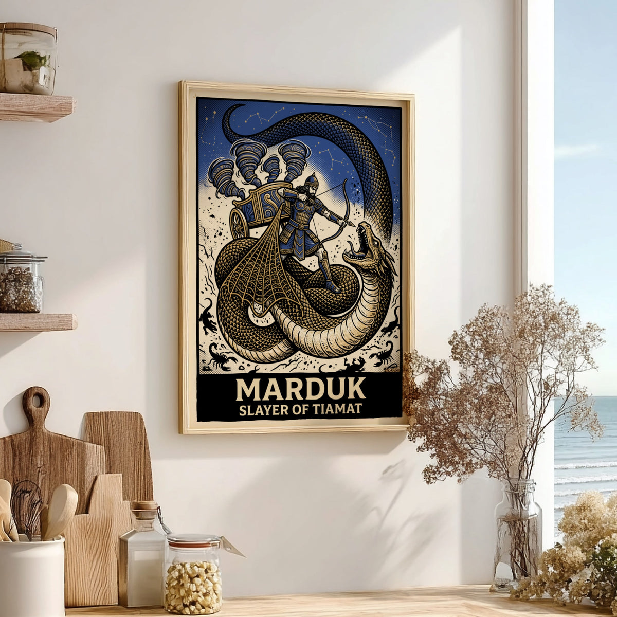 Poster featuring Marduk in a chariot fighting the dragon Tiamat in blue gold