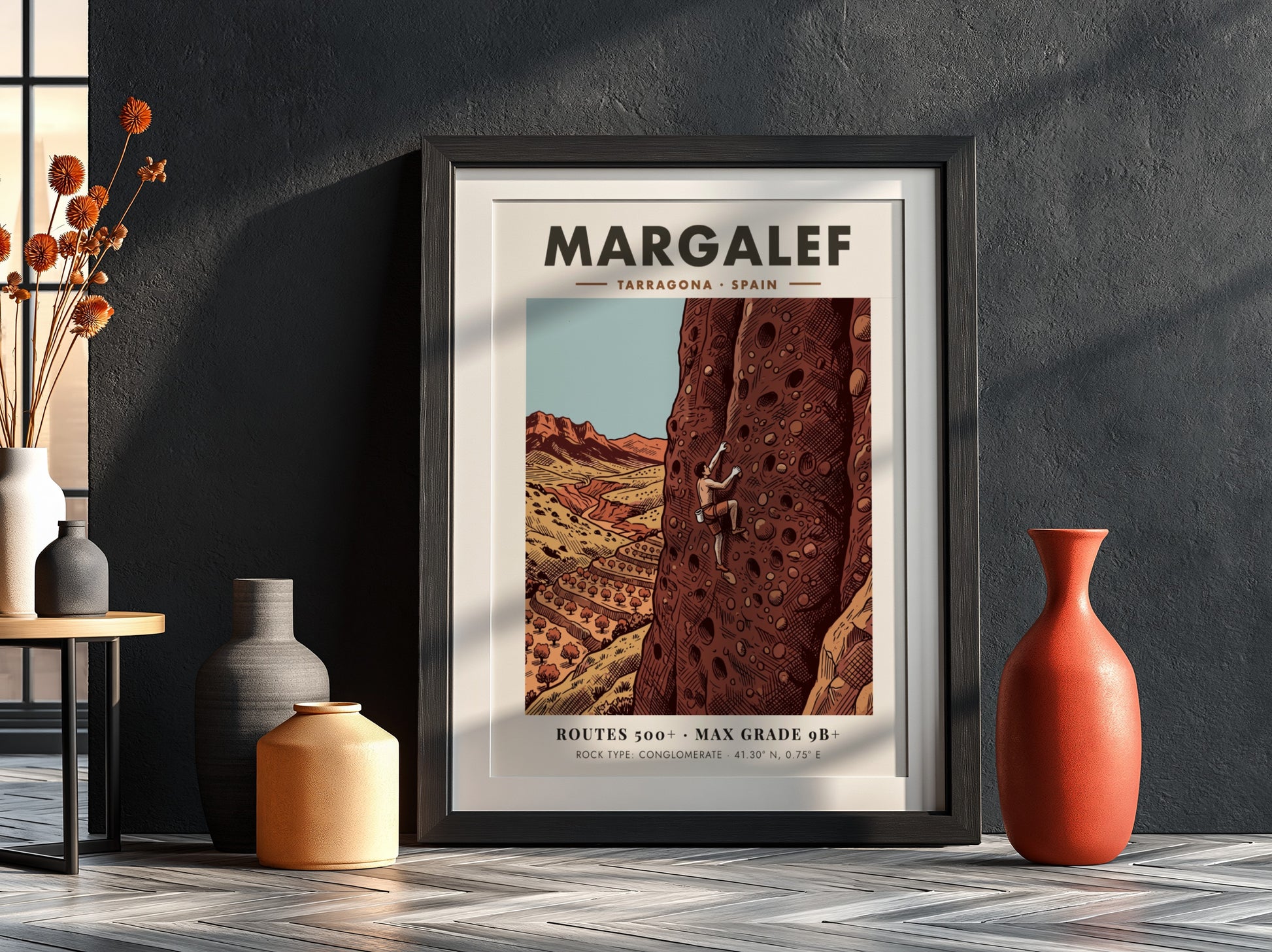 Poster of a rock climber scaling a tall conglomerate cliff in Margalef Spain