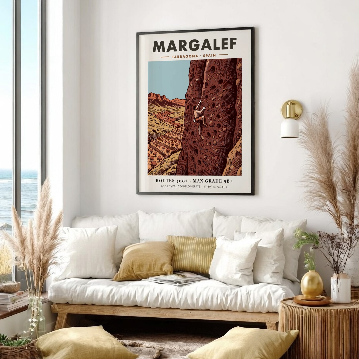 Poster of a rock climber scaling a tall conglomerate cliff in Margalef Spain