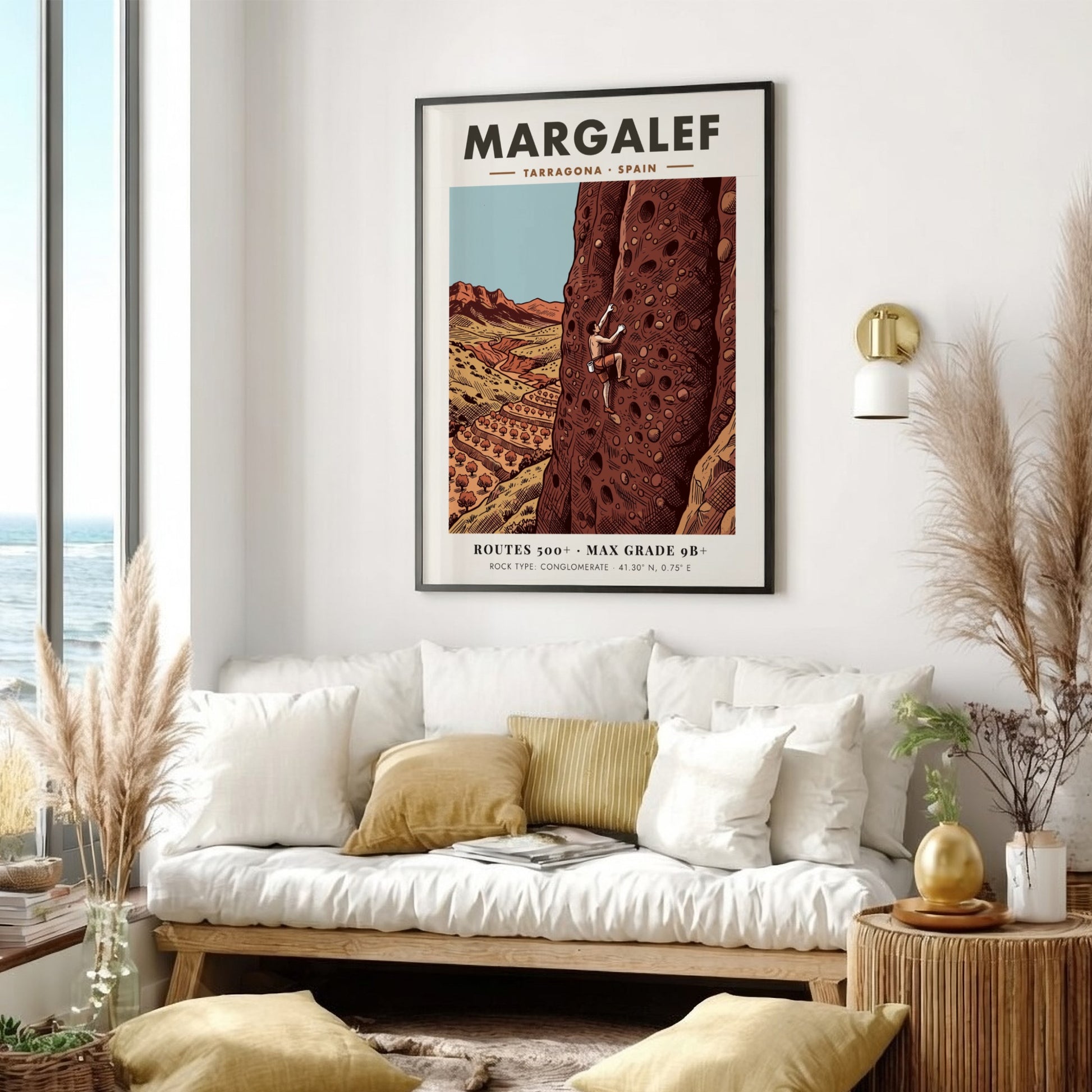 Poster of a rock climber scaling a tall conglomerate cliff in Margalef Spain