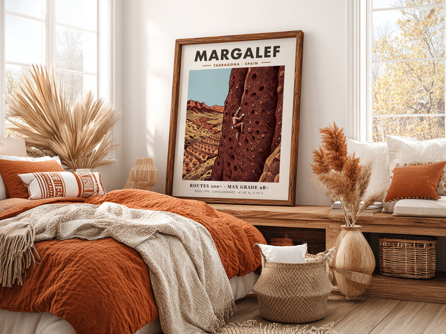Poster of a rock climber scaling a tall conglomerate cliff in Margalef Spain
