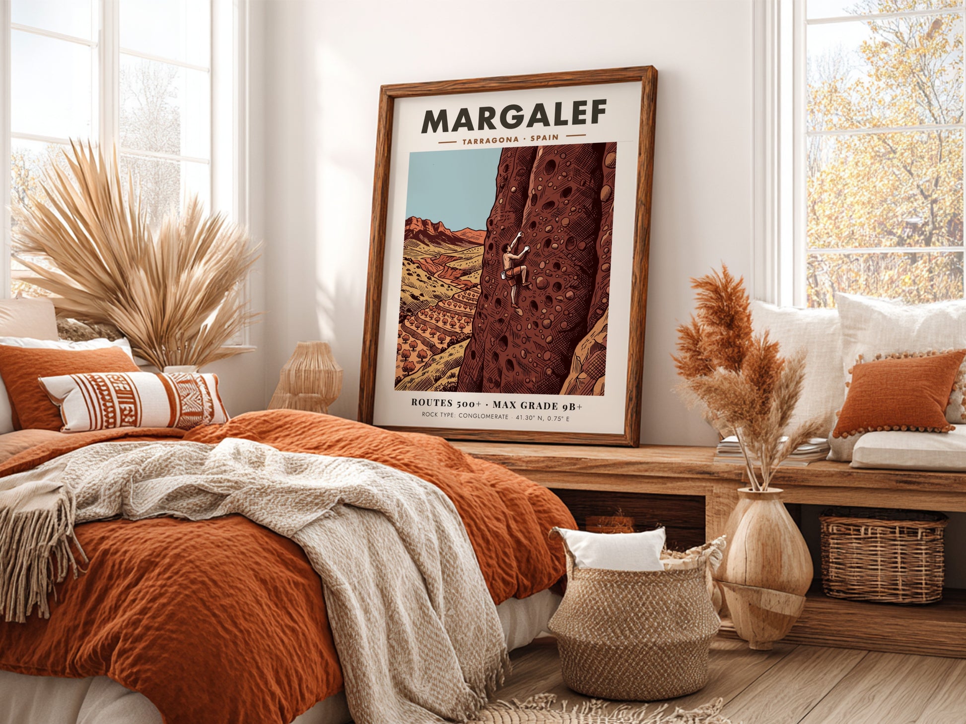 Poster of a rock climber scaling a tall conglomerate cliff in Margalef Spain