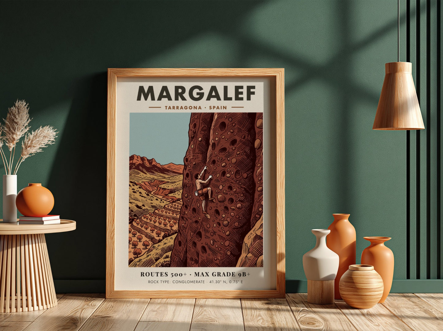 Poster of a rock climber scaling a tall conglomerate cliff in Margalef Spain