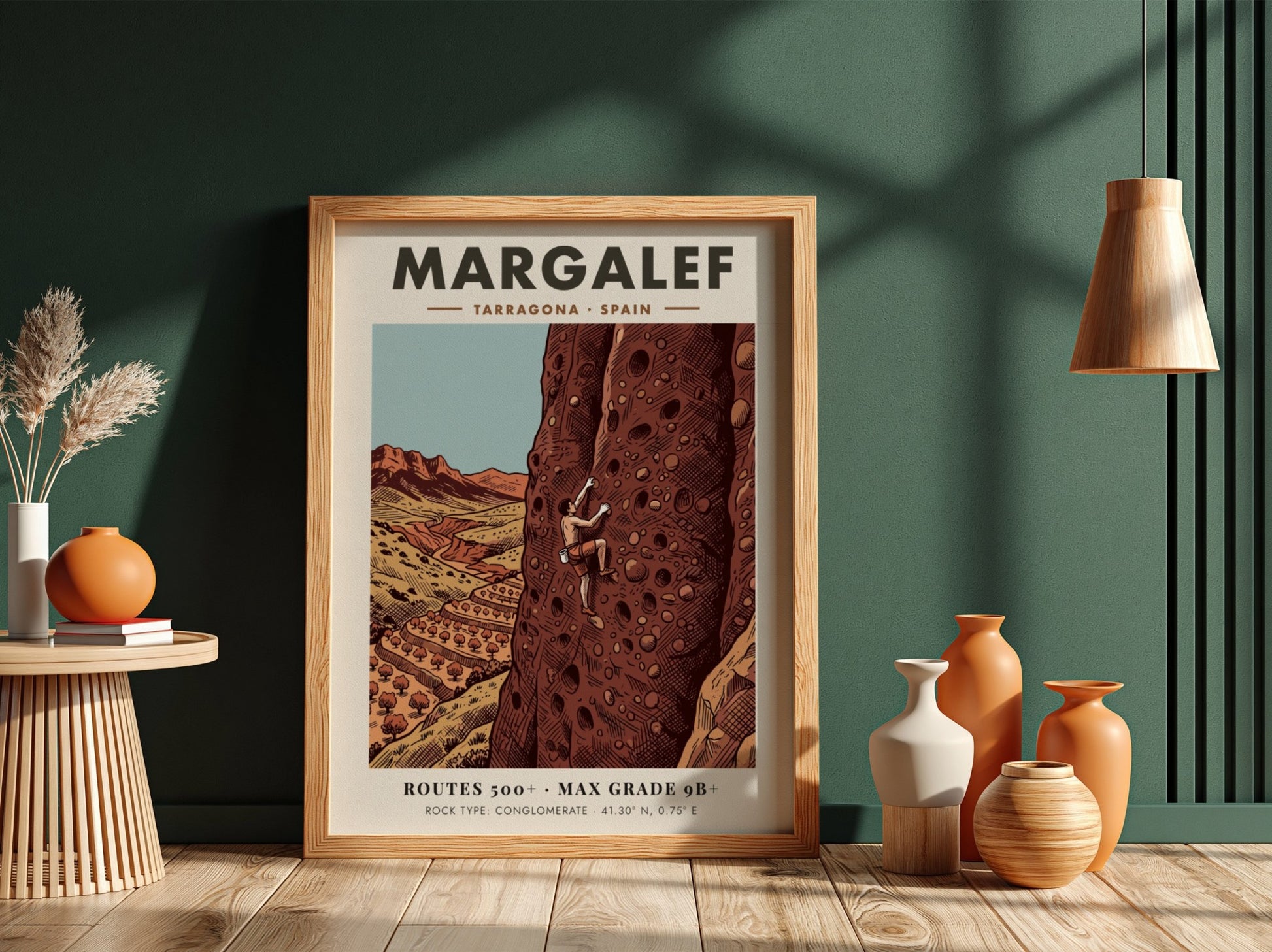 Poster of a rock climber scaling a tall conglomerate cliff in Margalef Spain