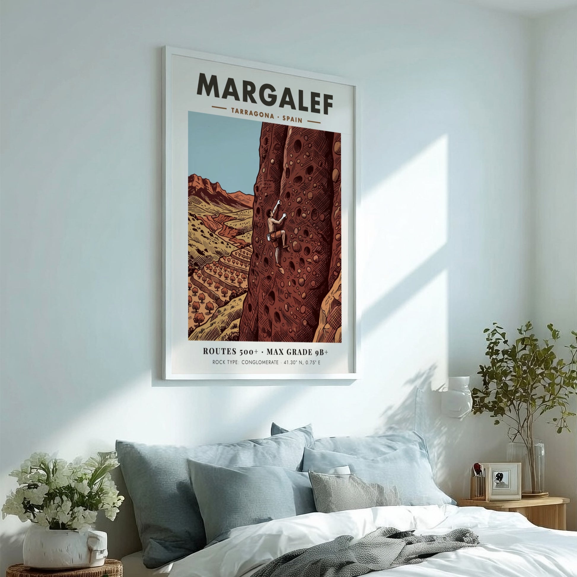 Poster of a rock climber scaling a tall conglomerate cliff in Margalef Spain