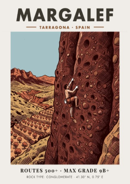 Poster of a rock climber scaling a tall conglomerate cliff in Margalef Spain