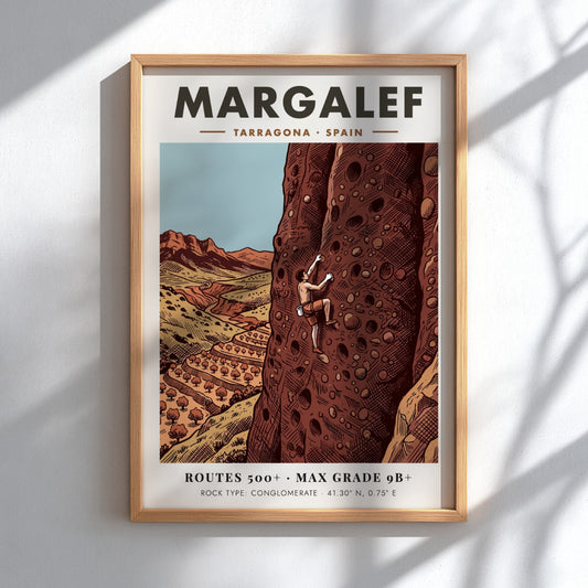 Poster of a rock climber scaling a tall conglomerate cliff in Margalef Spain