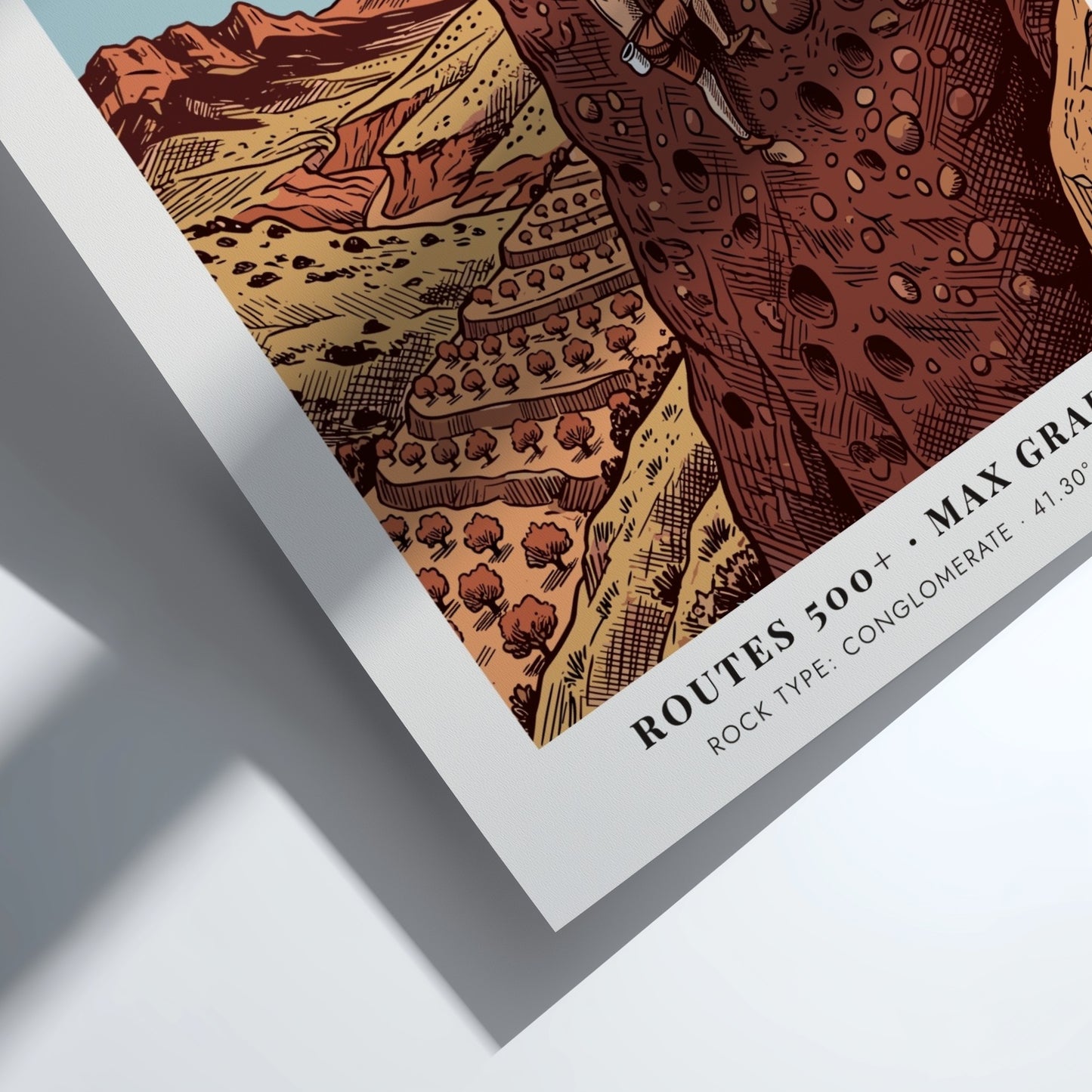 Poster of a rock climber scaling a tall conglomerate cliff in Margalef Spain
