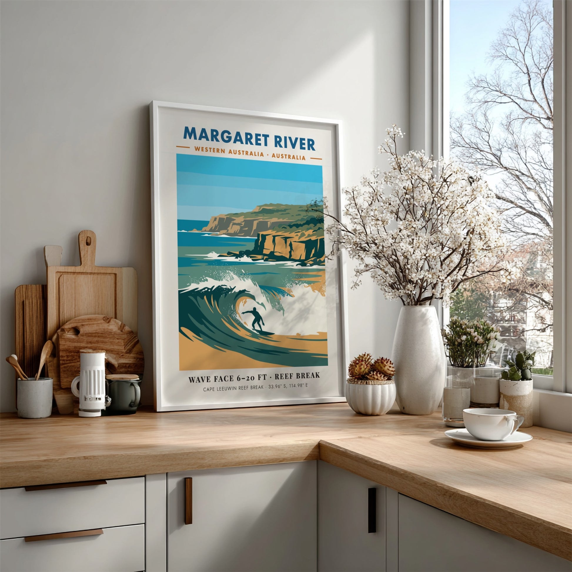 Margaret River surf poster featuring a blue wave, golden cliffs, and coastal coordinates.