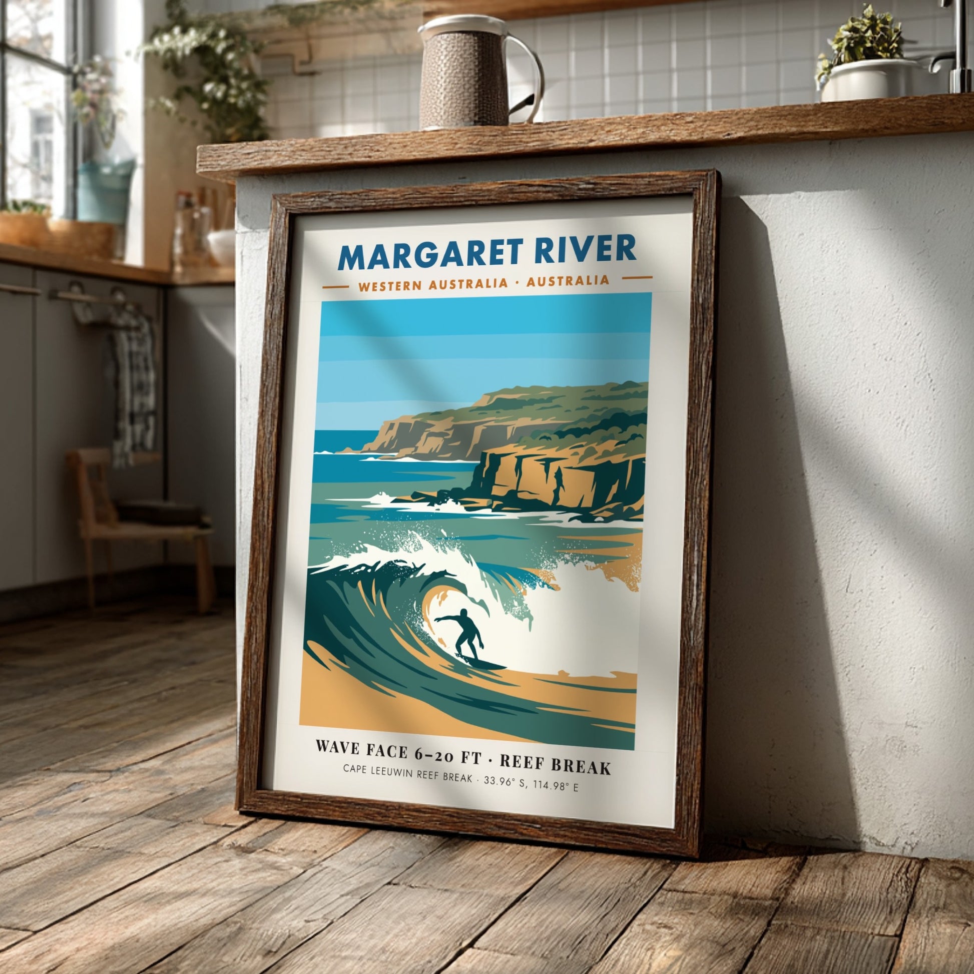 Margaret River surf poster featuring a blue wave, golden cliffs, and coastal coordinates.